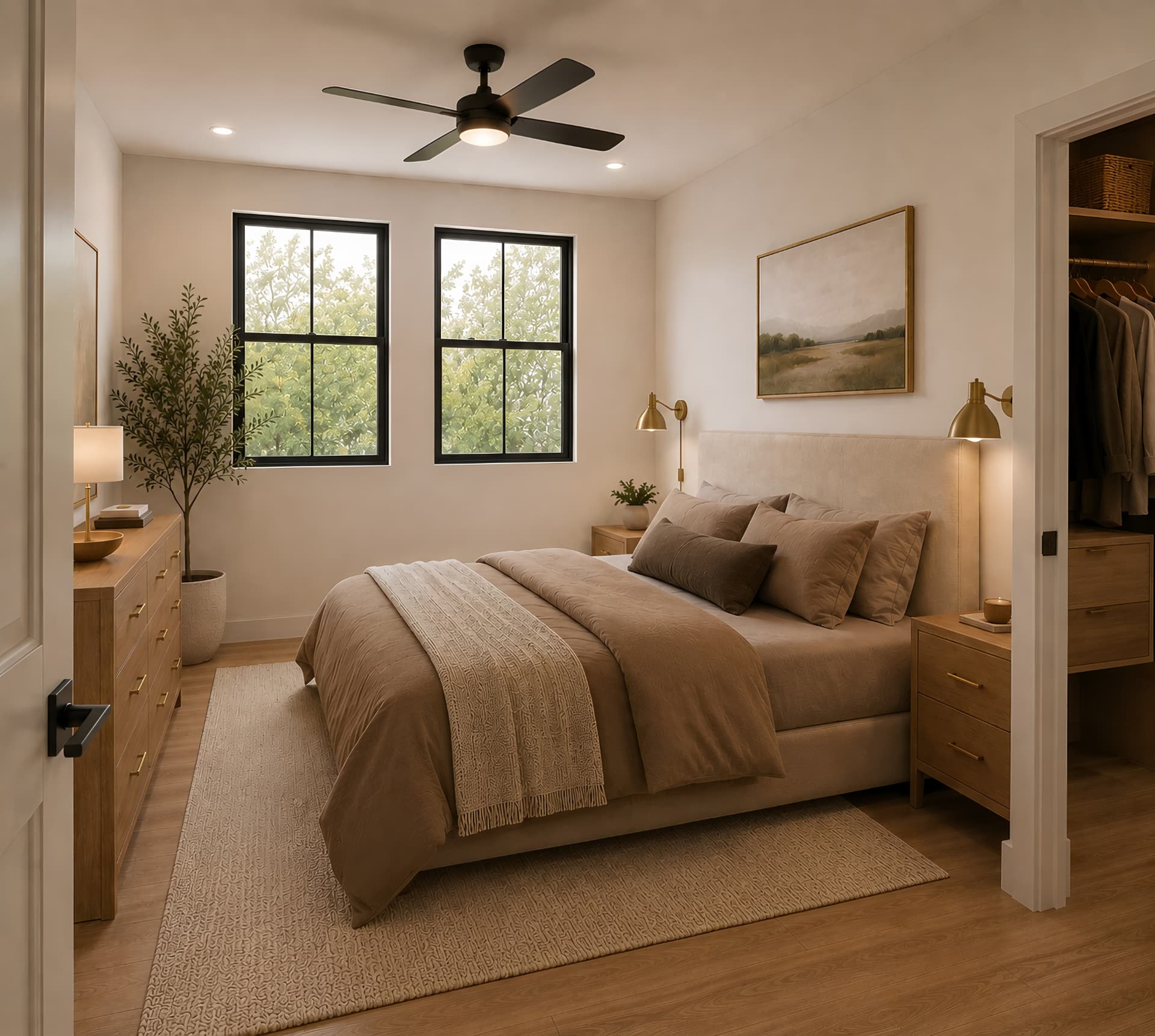 Guest bedroom with black steel windows, oak dresser, and walk-in closet