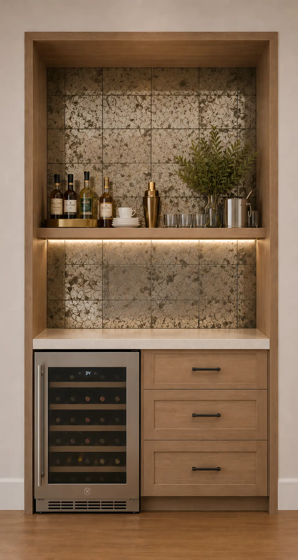 White oak dry bar niche with antiqued mirror tile, lit shelf, and wine refrigerator