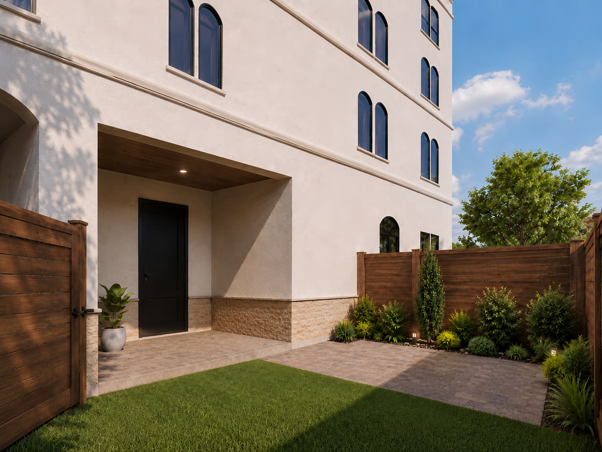 Private fenced backyard and covered entry of an Arroyo townhome