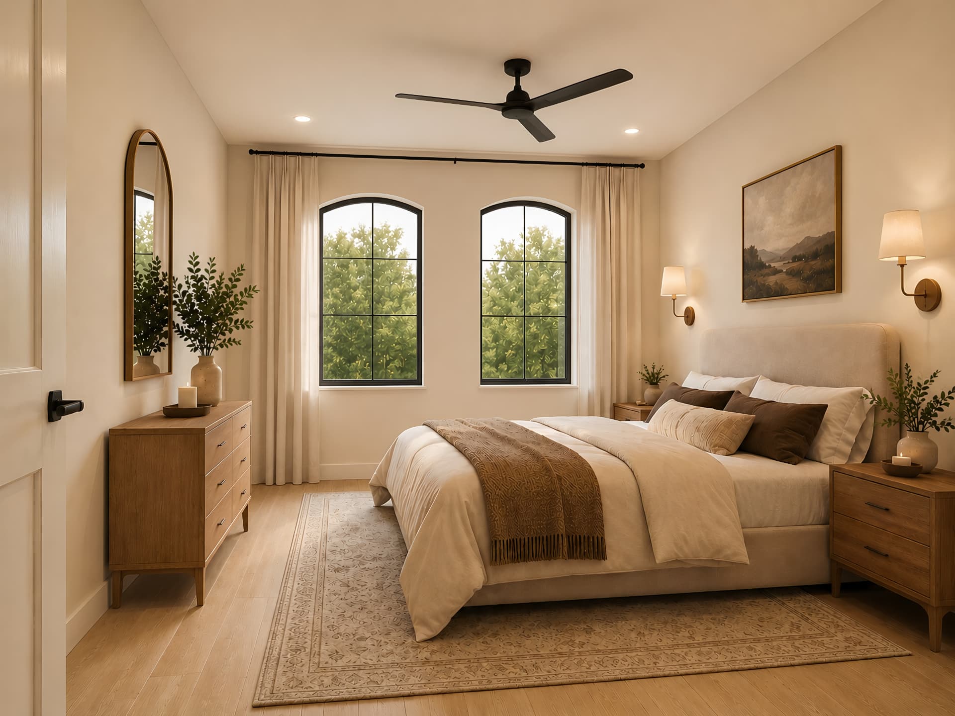 Primary bedroom with paired arched windows and warm oak furnishings