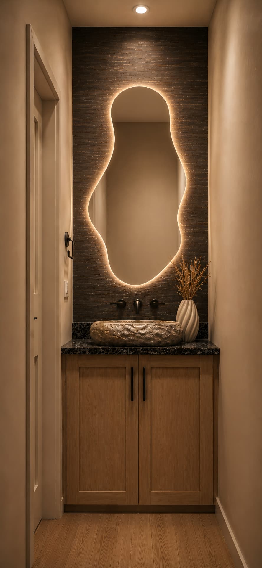 Powder bath with backlit organic mirror, textured stone wall, and carved stone vessel sink