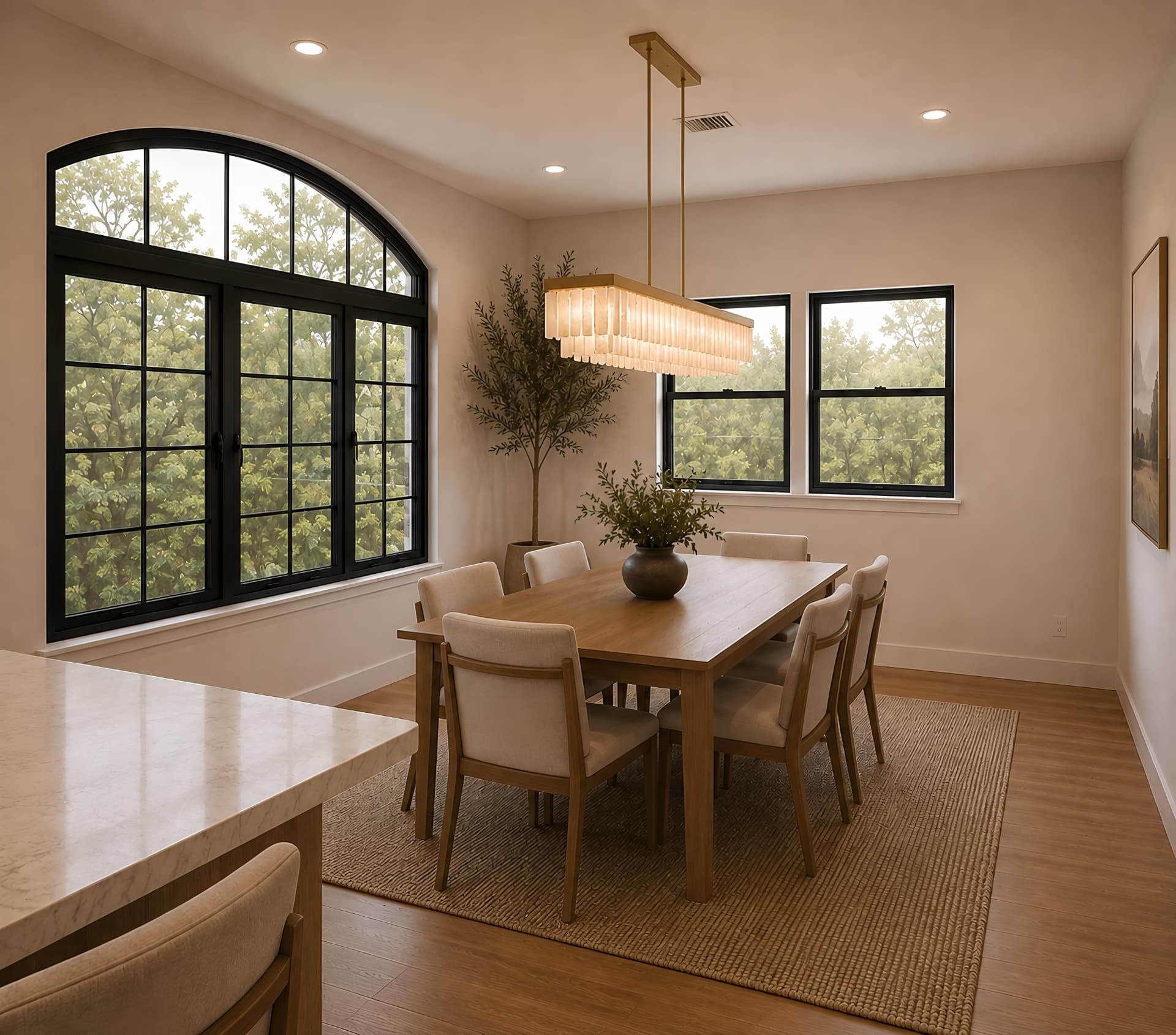 Dining room with a large arched steel window and alabaster linear chandelier