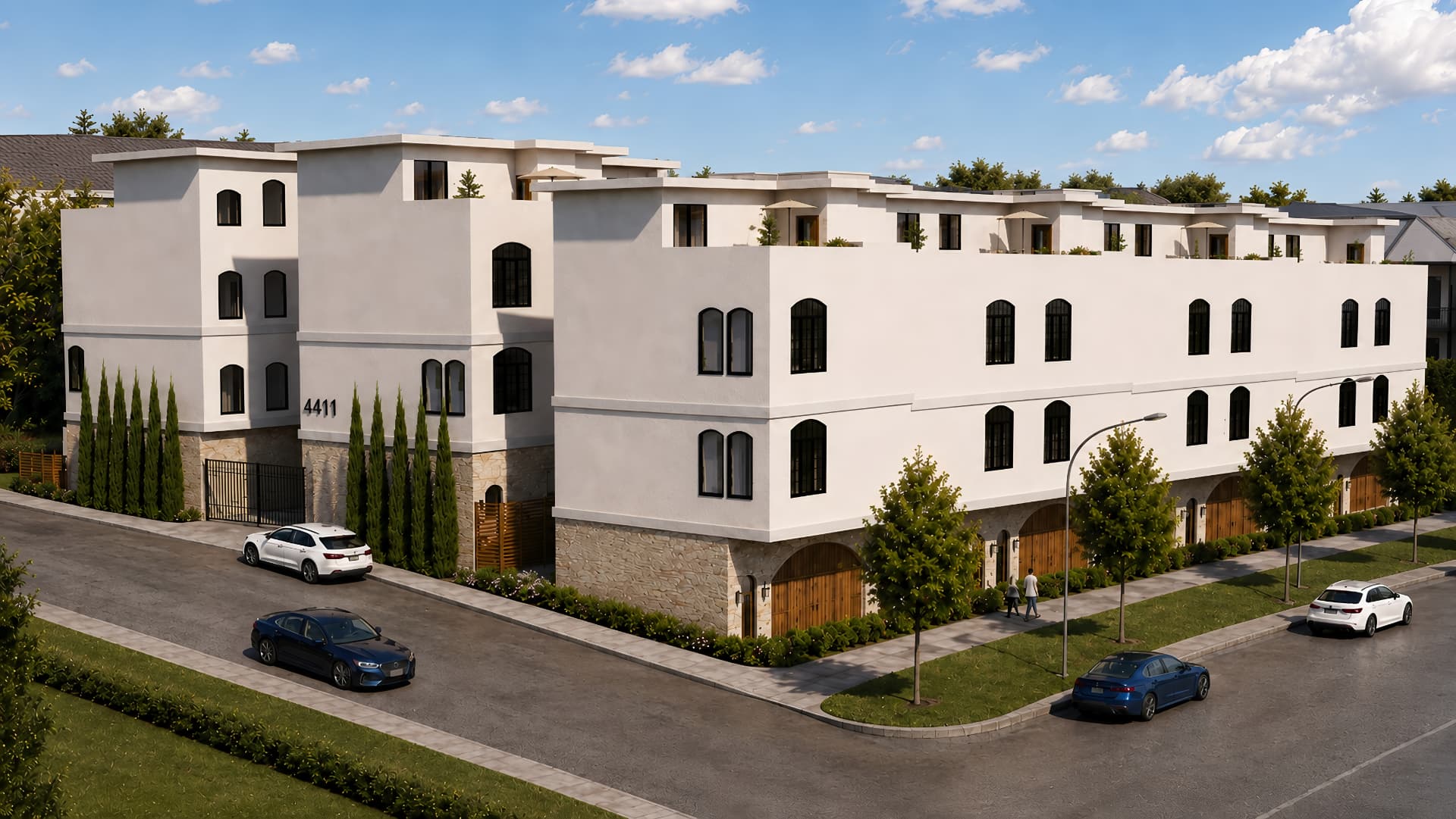 Corner view of the Arlow Collection townhomes with rooftop terraces