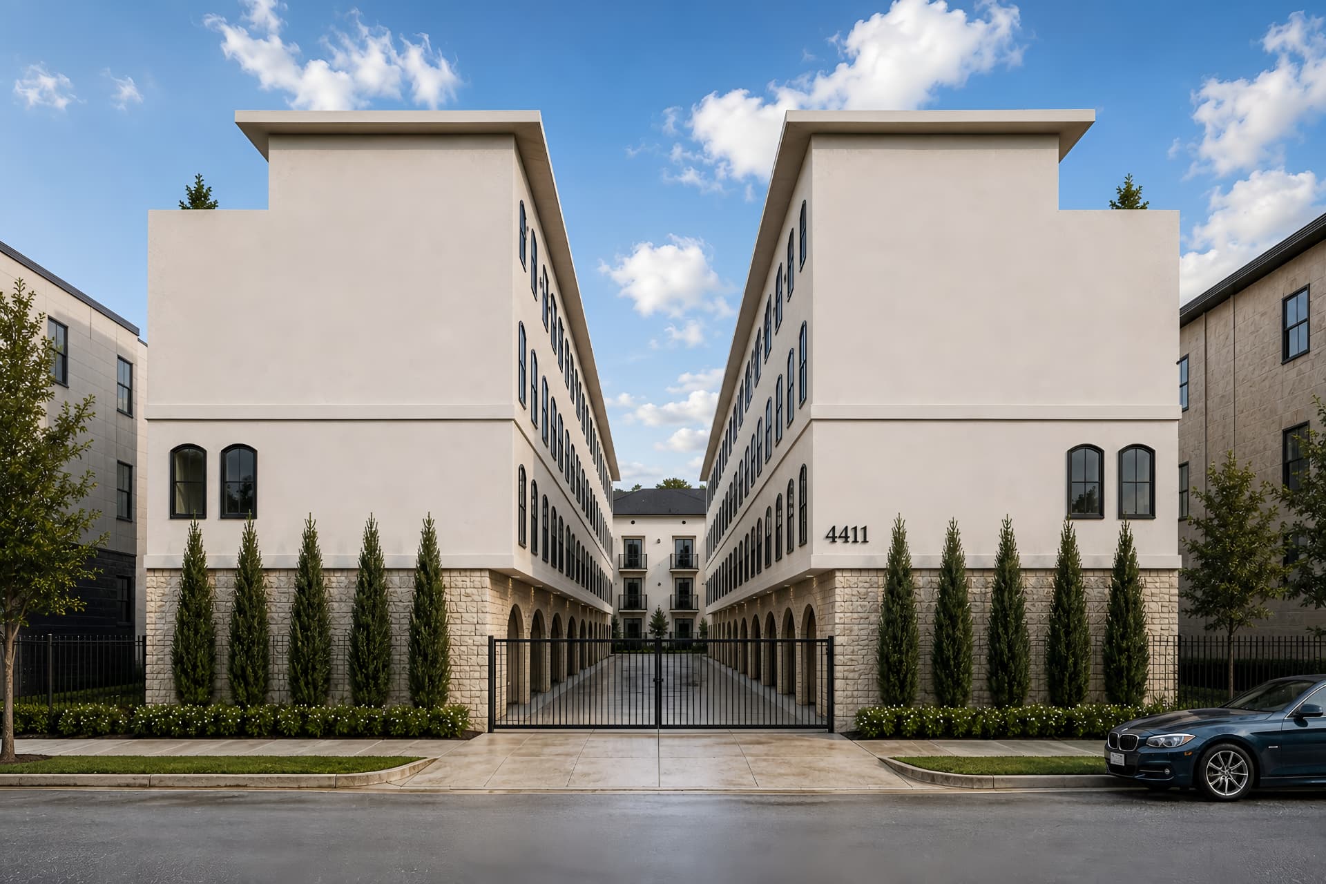 Wide view of the Sylvester townhomes and central drive