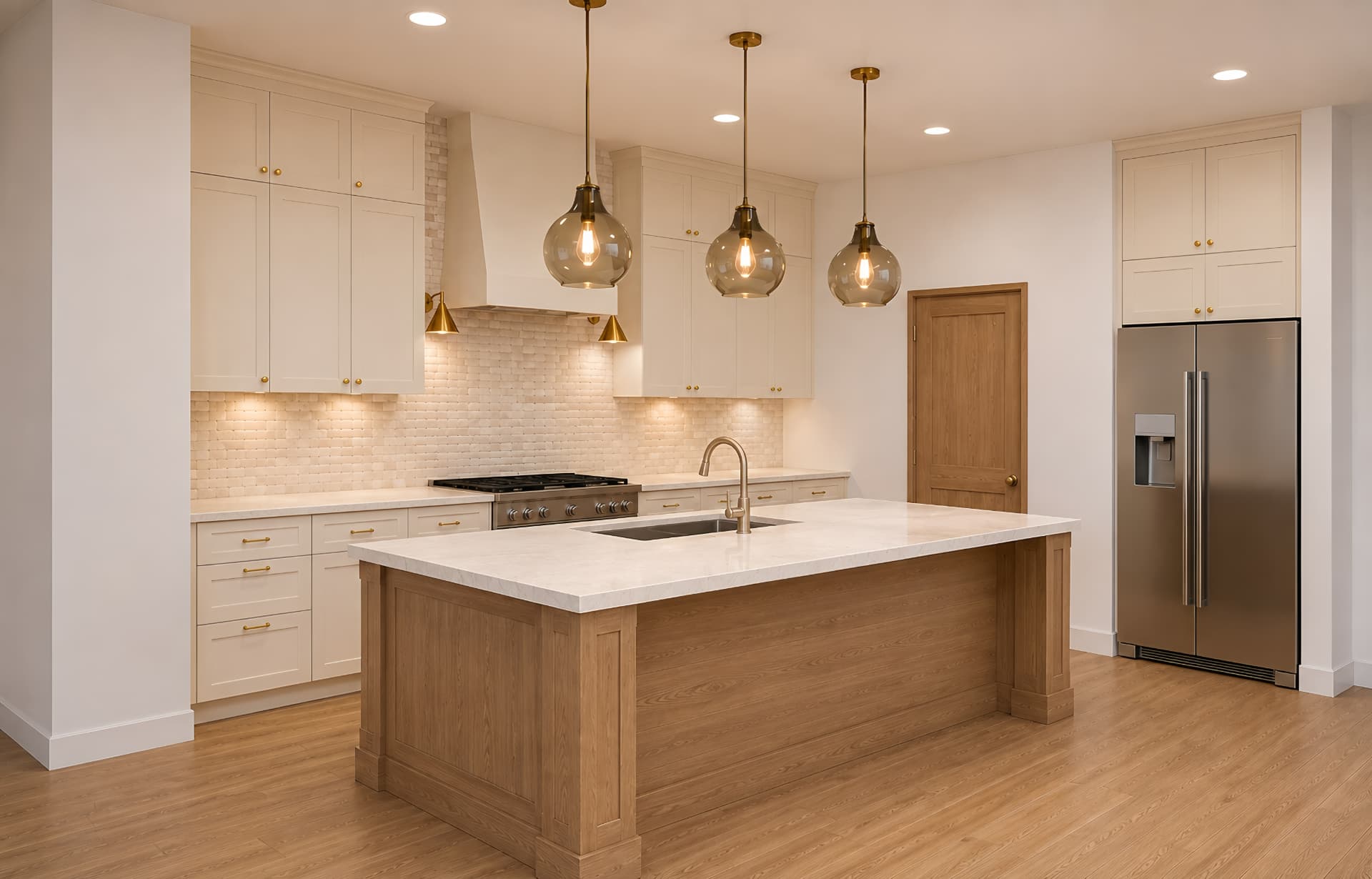 Chef's kitchen with white oak island, marble counters, and brass pendants