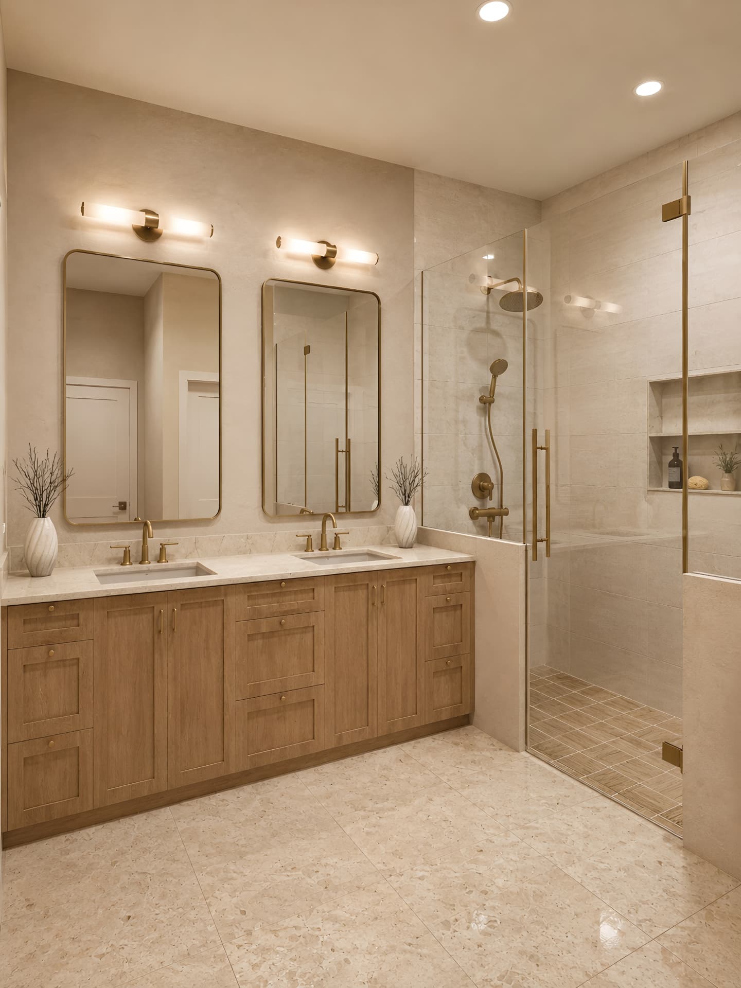 Material palette: white oak, honed marble, champagne brass, limestone, plaster, linen