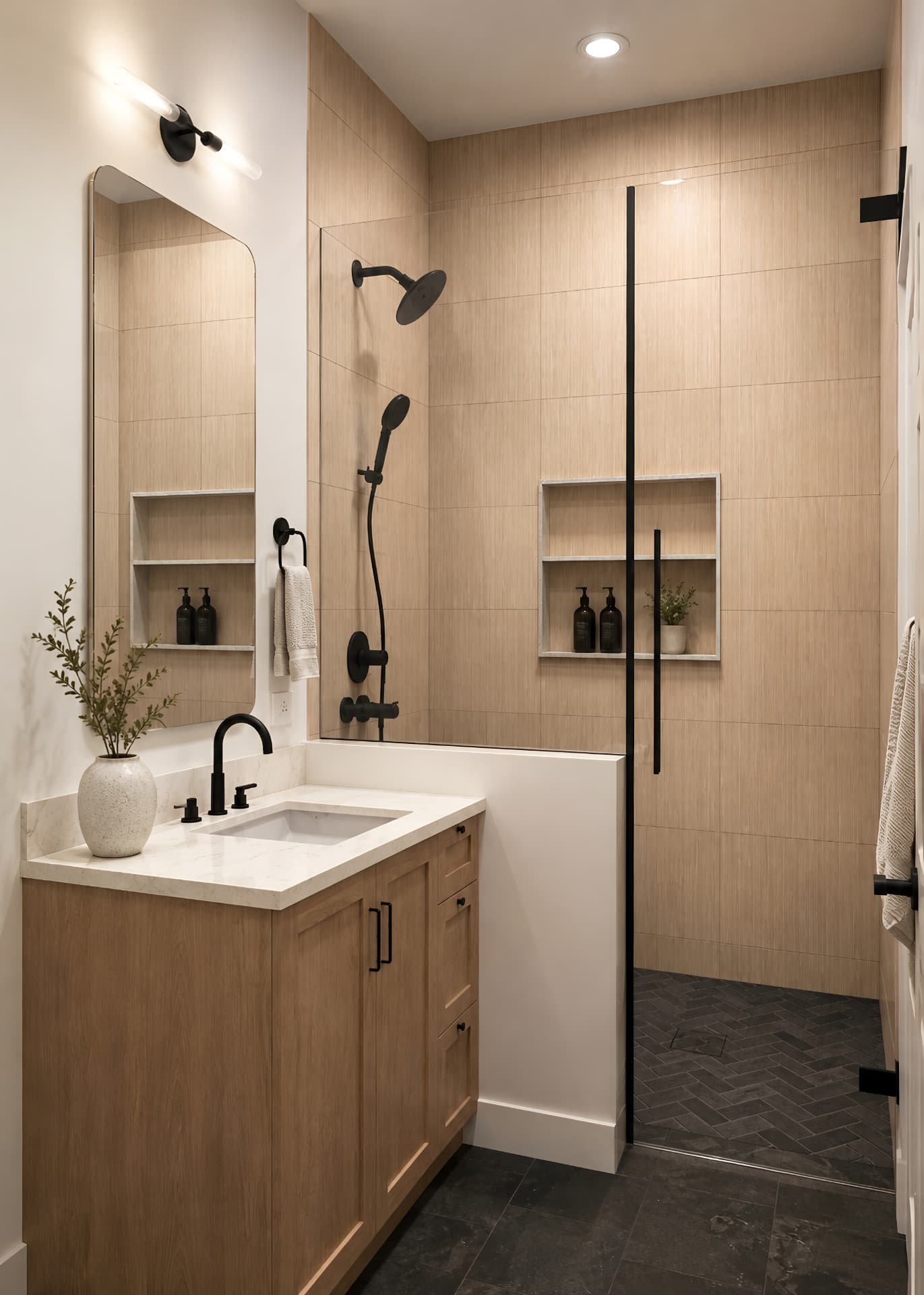 Guest bath with wood-look tile shower, matte black fixtures, and oak vanity