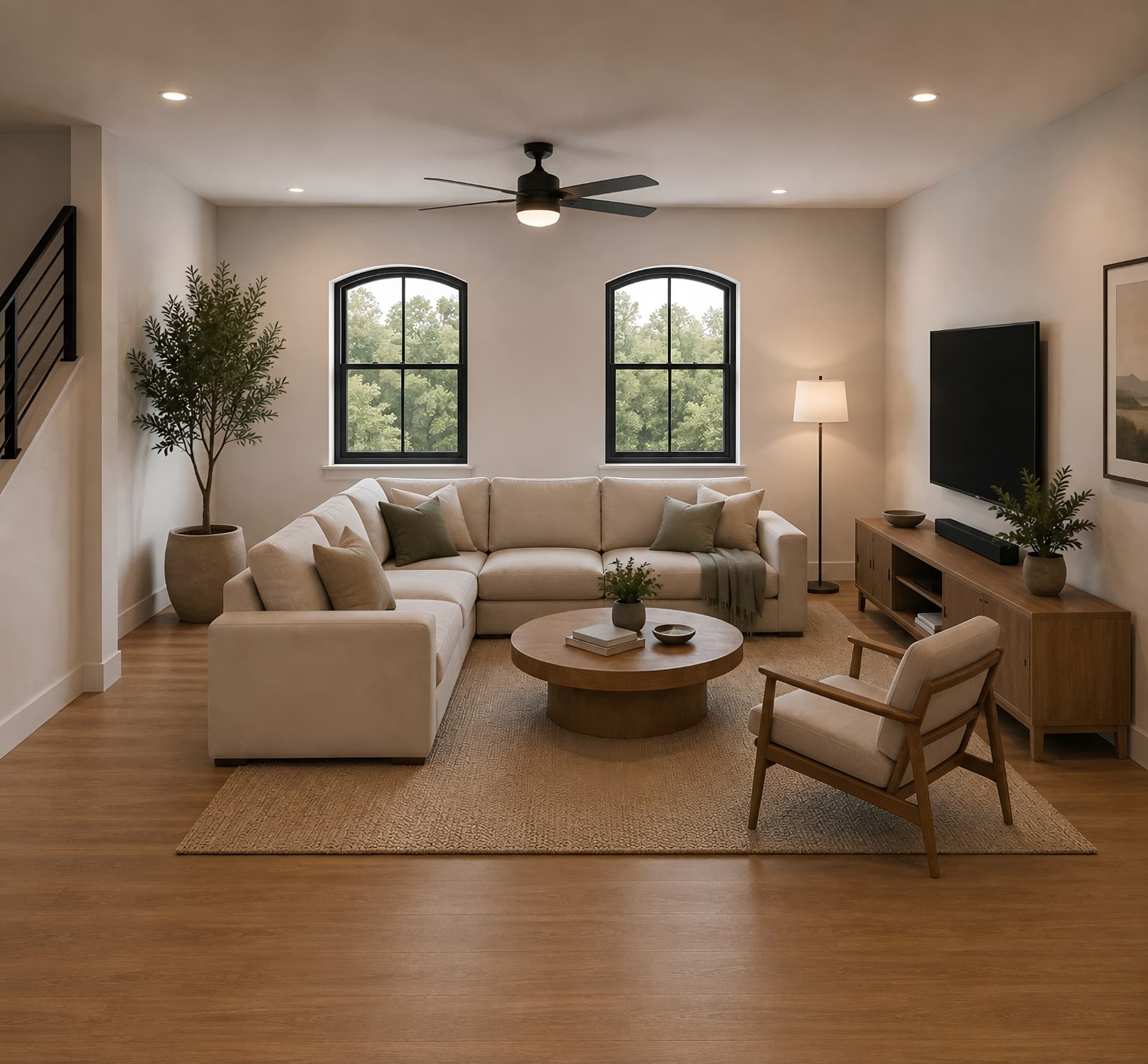 Living room with white oak floors and arched black steel windows